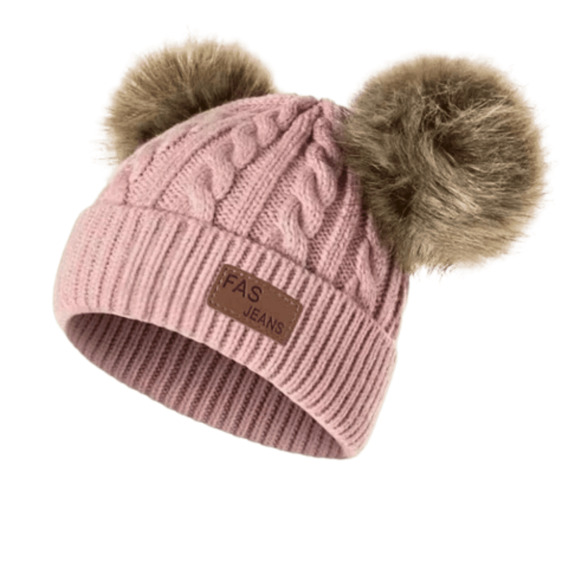 Kids girls toddler baby Knit Caps Beanie Hats Two Fur Balls Pom Pom pink - Picture 1 of 1